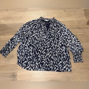 Calvin Klein Navy and White Printed Long-Sleeve Peasant Blouse